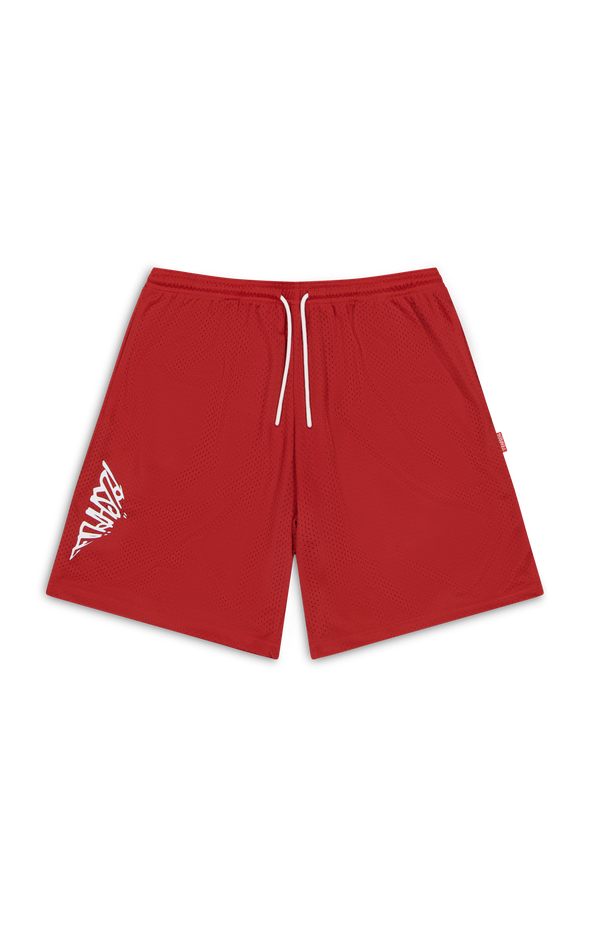 BURNT RED CALLIGRAPHY MESH SHORTS