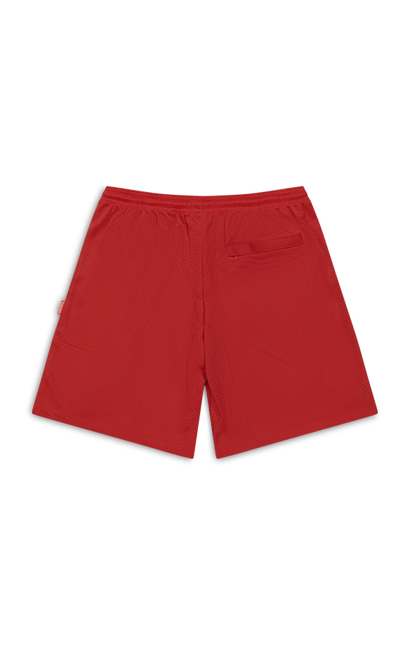 BURNT RED CALLIGRAPHY MESH SHORTS