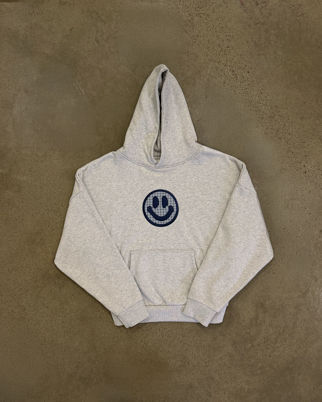 GREY BLUE CHECK SMILEY HOODIE