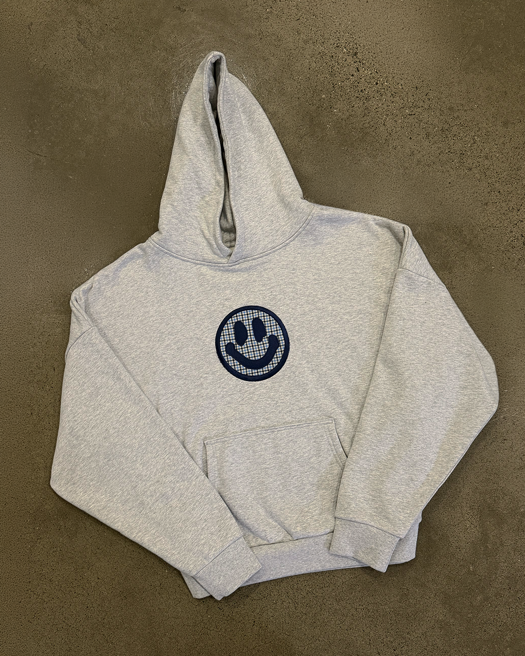 GREY BLUE CHECK SMILEY HOODIE