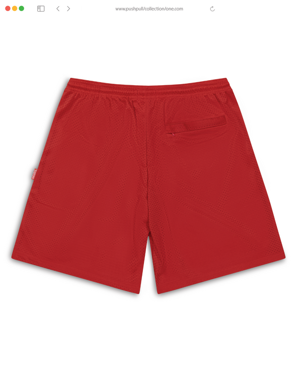 BURNT RED CALLIGRAPHY MESH SHORTS