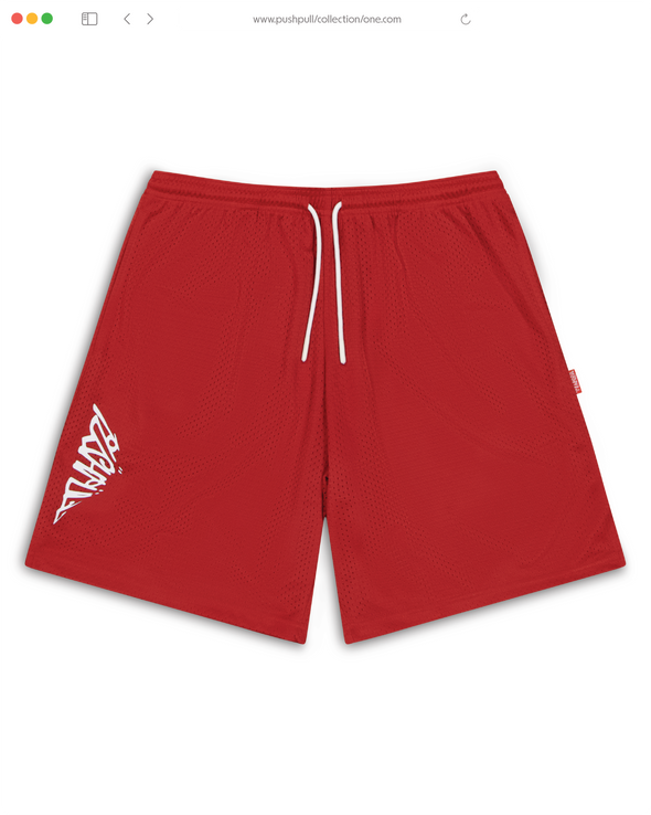 BURNT RED CALLIGRAPHY MESH SHORTS