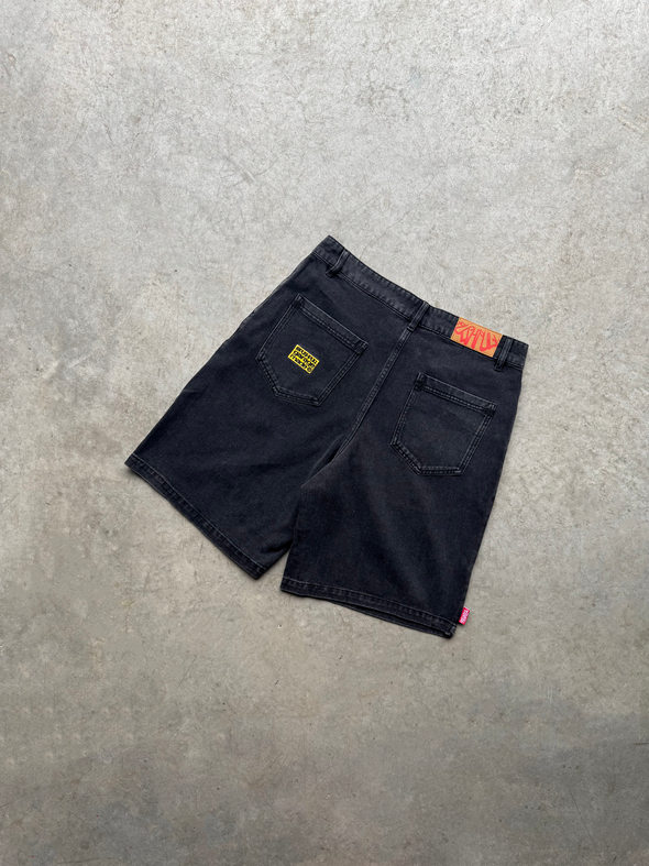 BLACK DENIM PATCH LOGO SHORTS